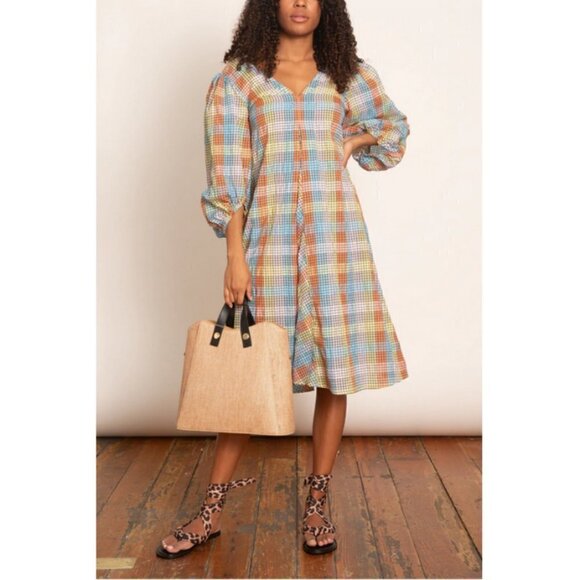 💕GANNI💕 Seersucker Check Dress ~ Midi Tent Plaid Picnic Balloon Sleeve Size 40 - Picture 7 of 16